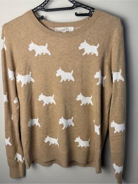 LOFT Scottie Dog Sweater Women’s Small Tan White Knit Crew Neck Long Sleeve